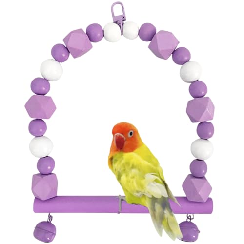 Colorful Wooden Bird Swing, Parakeet Swing Toy with Bells, Cockatiel, Lovebird, Budgie, Conure Perch Stand, Bird Cage Accessories to Balance, Exercise, Training (Purple)