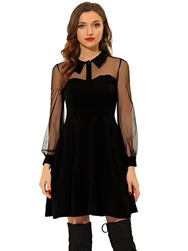 Allegra K Damen Langarm Stehkragen Retro Durchsichtig Mesh Laternenärmel Minikleid Kleid Schwarz M
