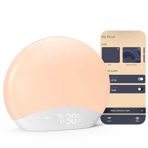 REACHER R7APP Smart Sunrise Alarm Clock with App Control, Custom Wake & Sleep Routines - Multi Sunrise Color, White Noise Sound Machine, Dimmable Display | Night Light, Screen-Free Sleep