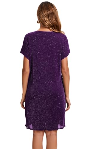 Image of Women's Crewneck Sequin Shift Dress Short Sleeve Casual Holiday Sparkly Party Dress