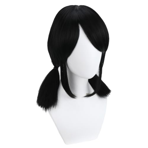 Image of Black Wig with Bangs Black Short Wig with Two Pigtails Black Straight Wigs for Women Cosplay Synthetic Wigs with Wig Cap