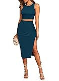 Pink Queen 2 Piece Skirt Set for Women Crop Top High Waisted Vacation Outfits Bodycon Midi Dresses Peacock Blue S