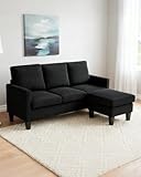 Karl home Small Sectional Couch L Shaped Sofa with Movable Storage Ottoman Corduroy Upholostered Sofa Chaise with Side Pockets for Living Room, Apartment, Studio, Black