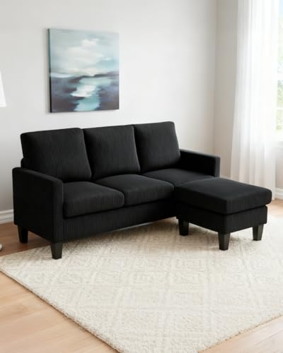 Karl home Small Sectional Couch L Shaped Sofa with Movable Storage Ottoman Corduroy Upholostered Sofa Chaise with Side Pockets for Living Room, Apartment, Studio, Black