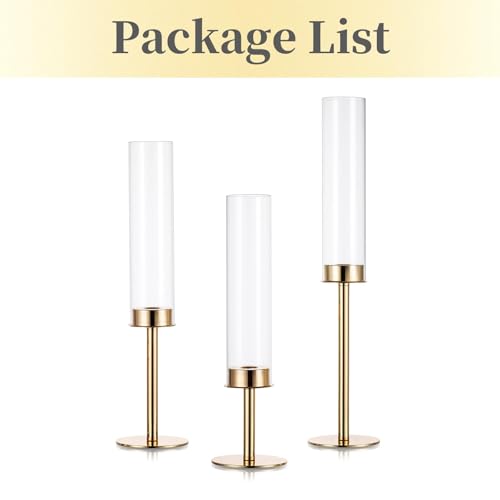 Hewory Gold Candle Holders, 3Pcs Hurricane Candlestick Holders with Glass Candle Cover for Wedding Table Centerpiece Christmas Decor