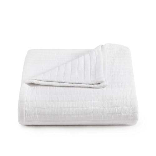 Image of Tommy Hilfiger - Queen Cotton Blanket, Woven Channel Stitched Bedding, Medium Weight Soft Blanket, Anti-Pilling & Fade Resistant, Ideal for Layering, Oeko-TEX Certified (White)