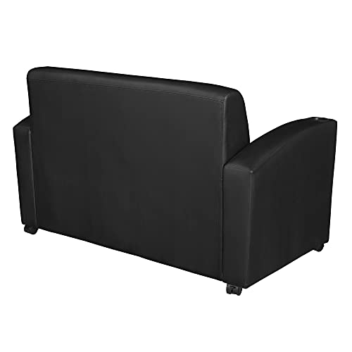 Image of Romig Superstellar Loveseat with 360-Degree Swiveling Tablet Arm, Java Finish, Black Vinyl Upholstery, Ergonomic Seating for Offices, Homes, Lounges, or Study Areas