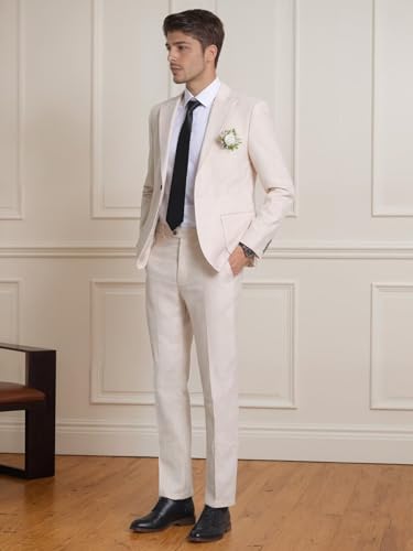 Mens Linen Suit 2 Piece Slim Fit Lightweight Summer Beach Wedding Groomsmen Prom Tuxedos Blazer Pants Set3