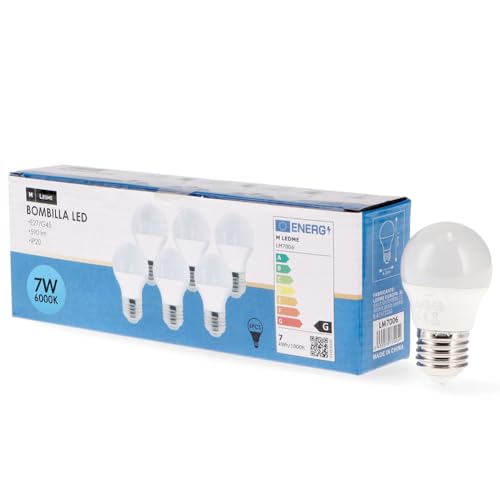 M Ledme   Pack 6, Bombilla Led E27 G45 7W, Luz fría (6000k), casquillo E27, 630 Lumen, IP20, Apertura del Haz de Luz 200°, Eficiencia energética y Bajo Consumo. LM7605