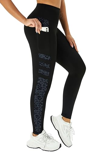 Enjoyoga Sport Leggings Damen mit Tasche - High Waist Sporthose Push Up Laufhose Blickdicht Sportleggins Lang für Sport Gym Yoga - M/0302 X -Schwarz Leopard