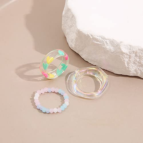 Forubus Dome Statement Acrylic Rings Set Translucent Imitation Green Jade Amber Marble Chunky Resin Rings Set For Women Girls Vsco Chic Style Jewelry (Colorful 3Pcs) #TOP1