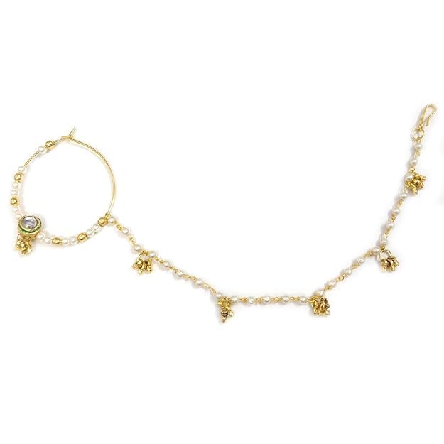 MANBHAR GEMS - Pearl Bead With Kundan Gold Plated Traditional Piercing Delicate Nose Ring/Nath Pearl Chain for Bridal Women and Girls Pack of 1 Wedding Fashion Jewellery-image-17