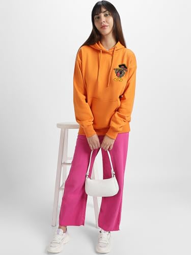 Image of JUNEBERRY Cotton Poly Fleece Oversized Fit Black, Green, Magenta, Mustard, Orange, Purple, Blue, Off White & Grey Graphic Printed Full Sleeve Hoodie for Women