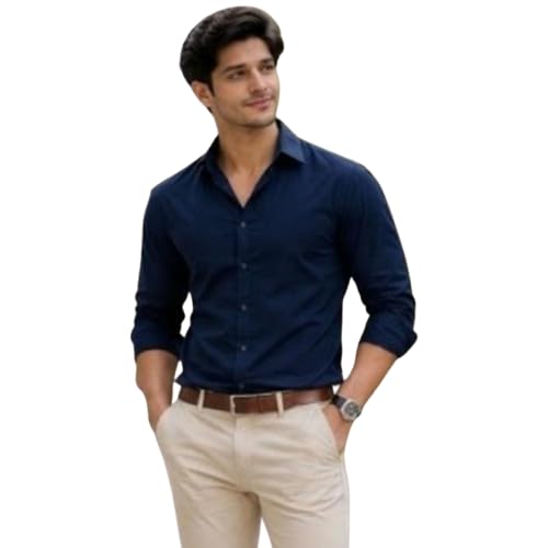 Men's Slim Fit Solid Navy Blue Cotton Blend Formal Shirt-picture-23