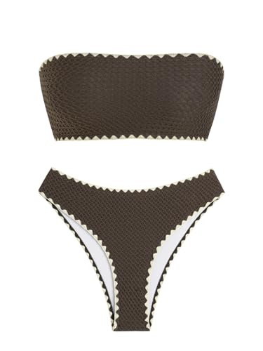 Image of ZAFUL Women's High Cut Bandeau Bikini Set Strapless Solid Color 2 Pieces Bathing Suit Swimsuit