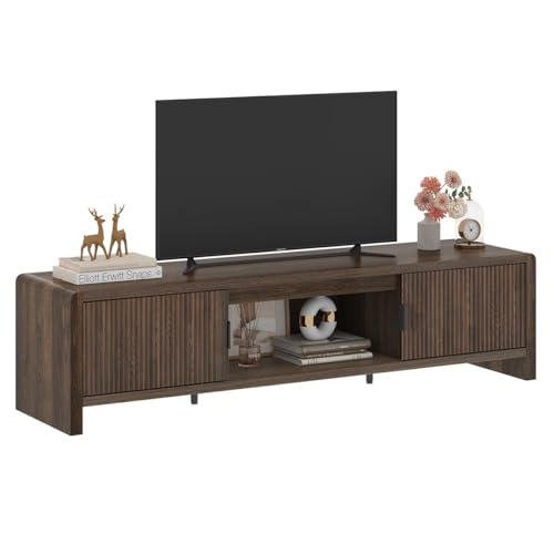 FATORRI TV Stand for 75/65/55 Inch TVs, Mid Century Modern Entertainment Center with Storage, Wood Waveform Fluted-Door Television Media Console for Living Room, Bedroom (63 Inch W, Dark Walnut)