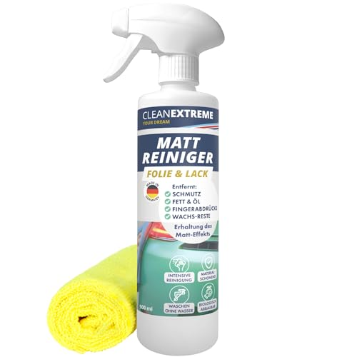 CLEANEXTREME Set Auto Mattlack-Reiniger 500 ml Spray + Mikrofasertuch - Zum intensiven Reinigen von Mattlack, Autolack matt, Matt-Folie. Waschen ohne Wasser