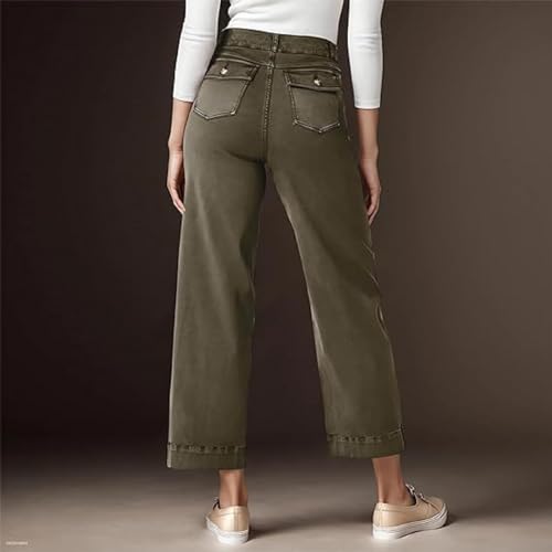Tummy Control Twill Cropped Wide Leg Pant, Plus Size Wide Leg Denim Pants,Petite Crop Trousers Stretch (ArmyGreen, XXXL)3
