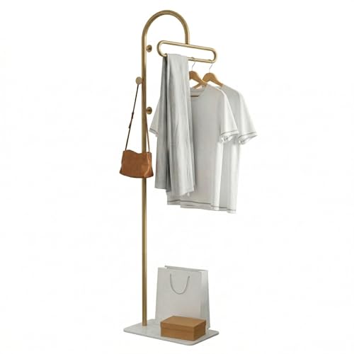 Image of SUNNYNEST Freestanding Coat Rack with hook & Shelves, Metal Clothes Hanger Stand for Bedroom & Entryway, Floor Standing Garment Rack for Coats, Bags & Shoes, Space Saving Storage Organizer (Gold)