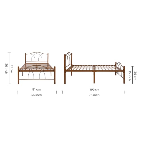 Image of Alto Metal Extra Single Size Bed Without Storage | Wrought Iron Single Bed with Headboard & Footboard| Sturdy Powder Coated Platform Cot for Bedroom (Alto Brown)