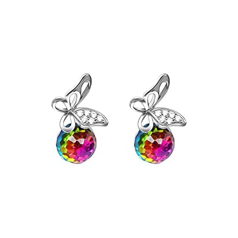 Gold-Plated 925 Sterling Silver Butterfly Small Dangle&Drop Earrings for Women with Color Change Crystal Cover