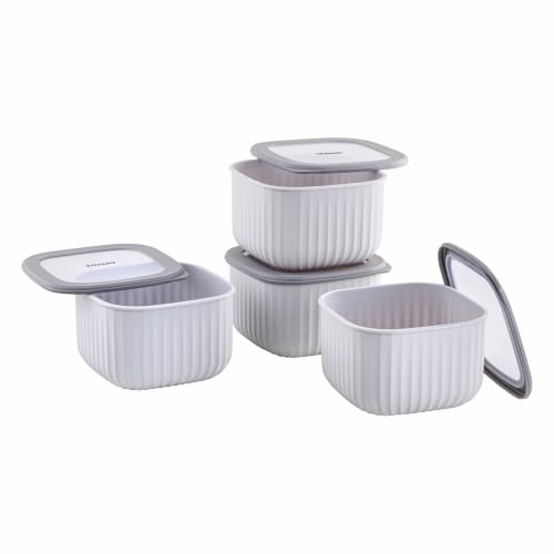 Image of Amazon Basic Plastic Elegant Square Storage Containers Food Grade Set of 4 (2.3L Each) | Microwave, Freezer, Dishwasher & Refrigerator Safe, Stackable Kitchen Containers (Grey)