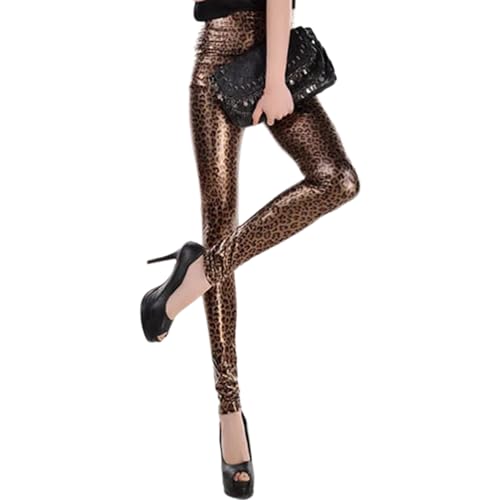 Leggings de piel sintética con estampado de serpiente y aspecto metálico brillante, pantalones largos con aspecto húmedo, leggings brillantes, pantalones de lápiz, longitud al tobillo, Estampado De
