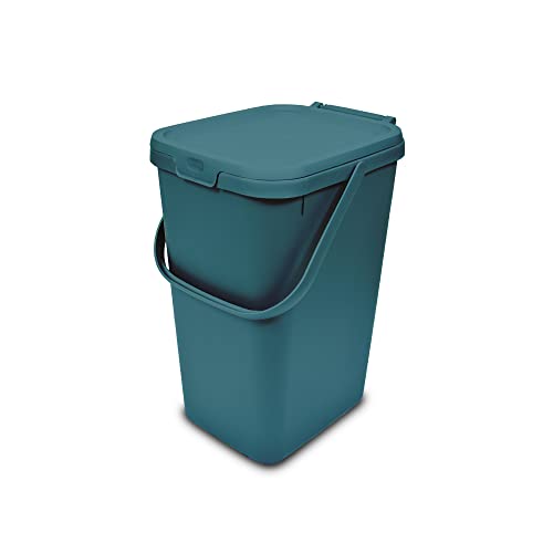 Addis 519354 Kitchen Recycling & General Storage bin 18 litres Stackable Food Waste Organiser Caddy with Clip lock lid & carrying Handle Deep Teal Green