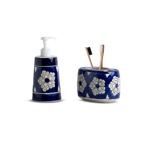 Image of ExclusiveLane 'Mughal Bloom' Hand-Painted Ceramic Bathroom Accessories Set of 2 (Liquid Soap Dispenser for Wash Basin, Paste & Toothbrush Holder) |Handwash Dispenser |Bathroom Organiser Set