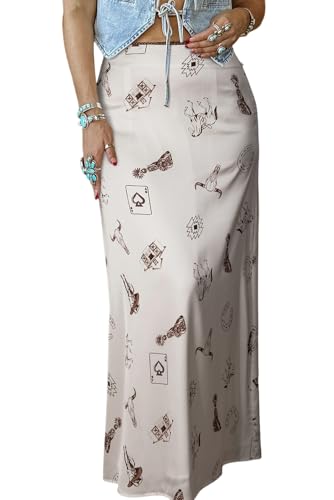 MARZXIN Women 2025 Long Skirts Beige Western Print Satin Long Skirt