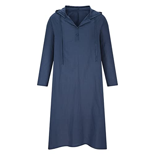 Cambkatl Mens Kaftan Hooded Muslim Robe Cotton Linen Loungewear Button V Neck Long Nightgown Shirt Thobe with Pockets4