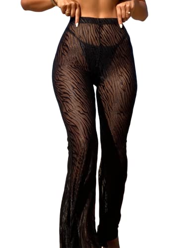 SHENHE Women's Solid Sheer See Through High Waist Wide Leg Cover Up Pants Bathing Suit