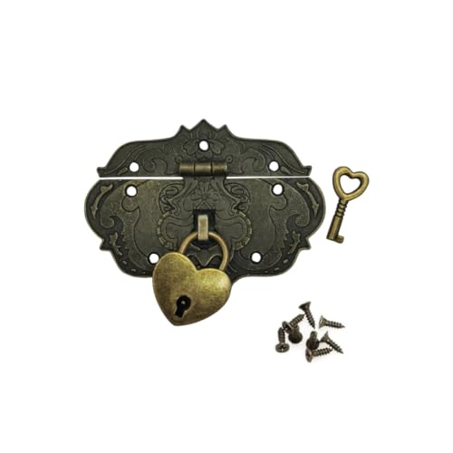 Image of Wooden Box Hasp Latch and Heart shape Padlock with Key for Jewelry Trinket Box, Bronze Antique Latch Hasp（Zinc Alloy）