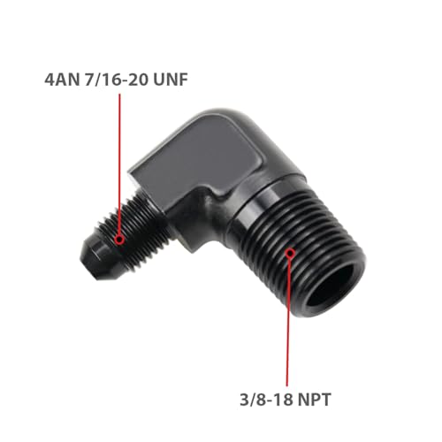 Conector AN4 macho a 3/8 NPT con codo de aluminio negro de 90 grados y acabado anodizado premium 3
