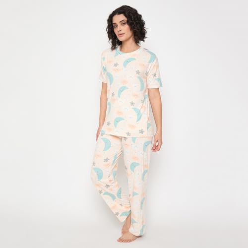 Image of CAMEY Women's Printed Pyjama Set, Short Sleeve T-Shirt and Trousers, Women Nightsuit, Loungewear Sets
