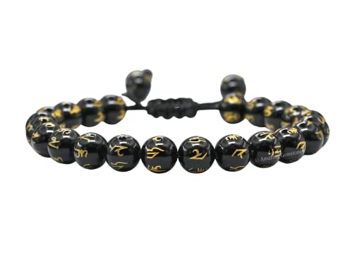Pulsera de Ágata Negra (Om Mani Padme Hum)   Pulsera de Cristal Curativo para Mujeres y Hombres, Piedra Preciosa Natural   Regalo Perfecto para el Equilibrio, y la Sanación de Chakras (Estirable)