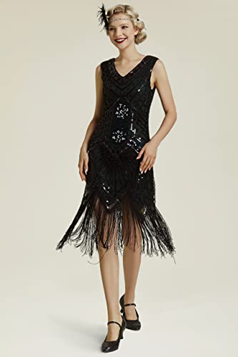 Image of BABEYOND Women's Flapper Dresses 1920s V Neck Beaded Fringed Great Gatsby Dress