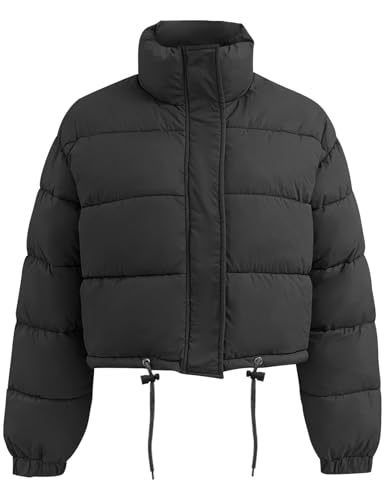 Flygo Women Cropped Puffer Jacket Winter Long Sleeve Quilted Puffy Bubble Padded Short Coats with Drawstring(Grey-M)