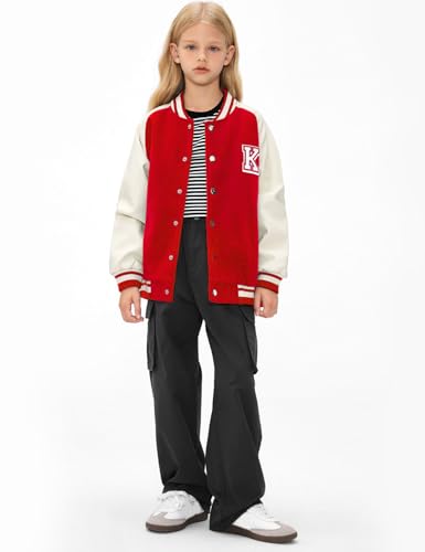 Flygo Kids Baseball Jackets Girls Boys Varsity Letterman Jacket Lightweight Snap Button PU Sleeve School Bomber Jackets2