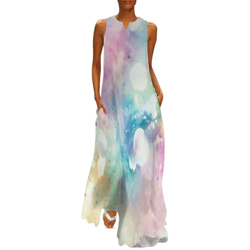 MIATCENRT Sommerkleid Damen Maxikleid, Aquarell Pastell Gedruckt Mit Taschen Kleid, Ärmellos V-Ausschnitt Frauen Strandkleider, Party Romantischer...