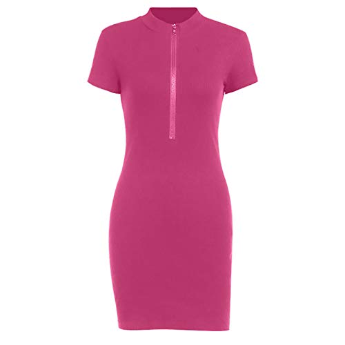 AMhomely Women Dresses Promotion Sale Clearance Ladies Fashion Summer Sexy Solid Color Zipper V-Neck Short Sleeve Mini Dress Party Eleagant Dress UK Size S-3XL Pink - Image 5