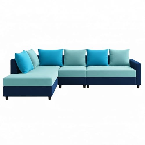 Image of FURNY Glory 6 Seater LHS Fabric Sofa Set (Dark Blue-Aqua Blue-Sky Blue) with Velvet Finish | Durable Comfort | Ideal for Living Room | Breathable material