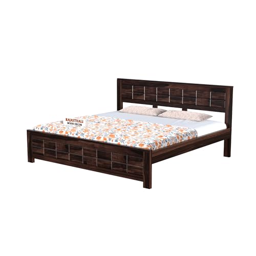 Image of Urban Block Design Sheesham Wood King Size Bed Without Storage (81x74 Inch) | Wooden Double Bed Cot for Bedroom Furniture | Modern Palang Bed | Walnut Finish
