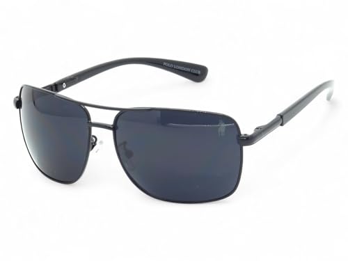 Óculos de Sol Aviador Unissex Polo London Club design Retangular com lentes em Policarbonato UV400 contém Case Couro ECO (Preto Fosco)