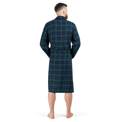 John Christian Men's Lightweight Cotton Robe, Green and Navy Blue Check3