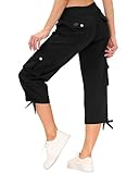MoFiz Ladies Cropped Trousers Women Casual Pants Work Office Crop Capri Pants 3/4 Length Shorts Trousers Multi-Pockets Black Size L