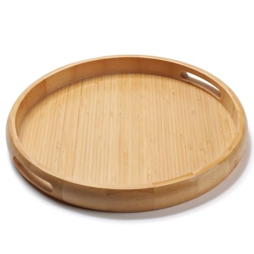 13.4" Round Bamboo Tray with Handles, Wood Serving Tray, Decorative Tray