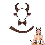 Juego de accesorios para disfraz de toro, 3 piezas, incluye diadema de cuerno marrón con orejas, pajarita y cola