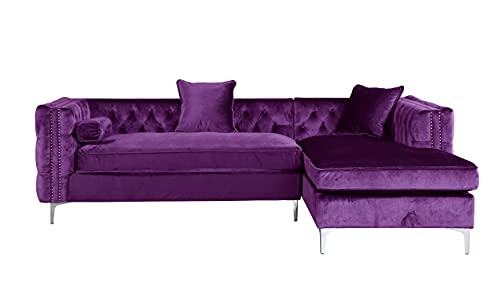 Iconic Home Da Vinci Velvet Modern Contemporary Button Tufted With Silver Nailhead Trim Silvertone Metal Y-Leg Right Facing Sectional Sofa, Purple #TOP3