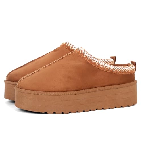 LUNATECH Womens Slippers Warm Winter Slippers Mules Platform Fluffy Slippers Fur Slipper Outdoor Thermal House Shoes For Ladies (TAN, Adult, Women, 4, Numeric, UK Footwear Size System, Medium)